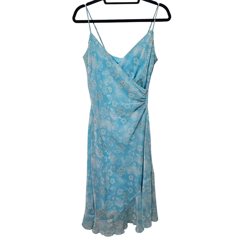 VTG Blue Floral‎ Print Chiffon Wrap Dress Midi Size 4 Fairy Y2K Ethereal Dainty